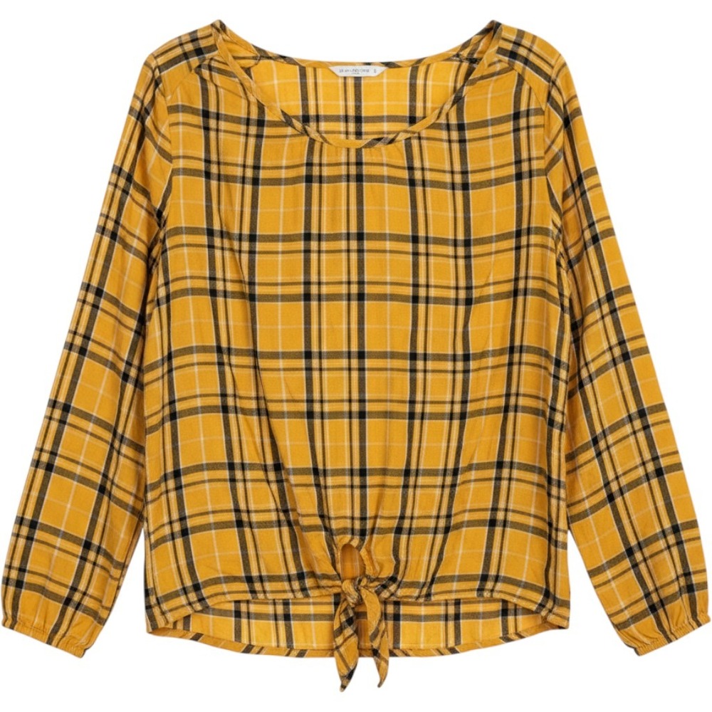 Lane Bryant Plaid Blouse Womens 20 Yellow Excellent Tie Front Long Sleeve Top